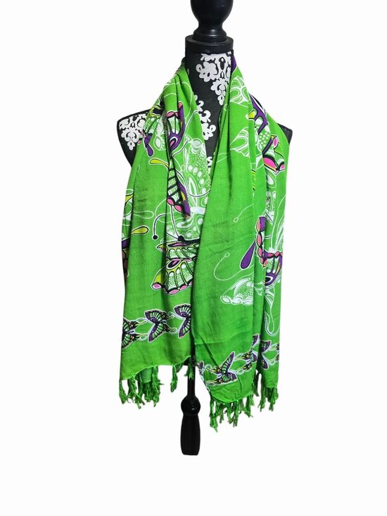 Pareos Del Mar Accessories - Butterfly Print Green Pareo Sarong Wrap With Tassels One Size Fits Most 41 X 60